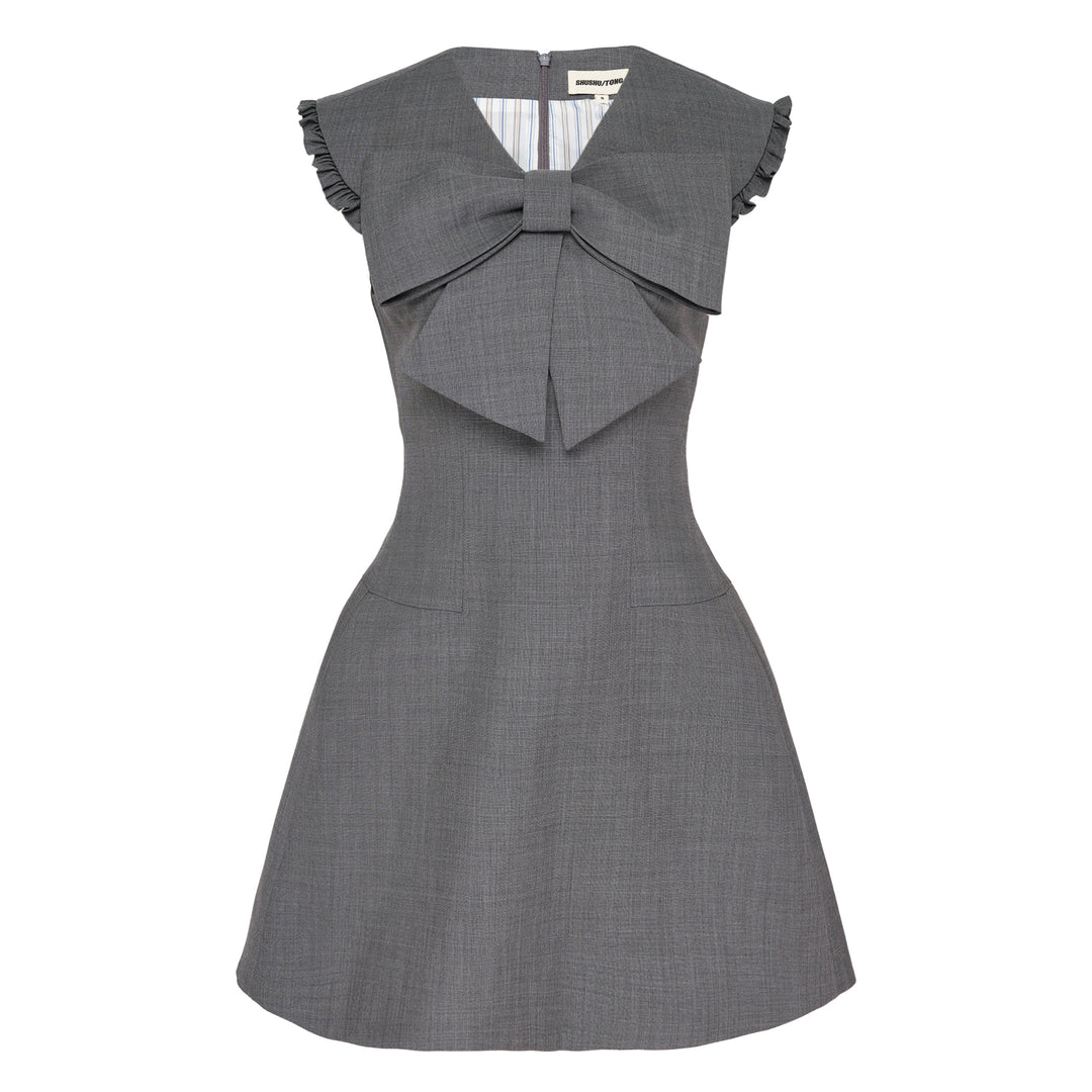 SHUSHU/TONG Big Bow Short Dress in grey with oversized front bow, ruffle cap sleeves, fitted bodice and flared mini skirt — front view