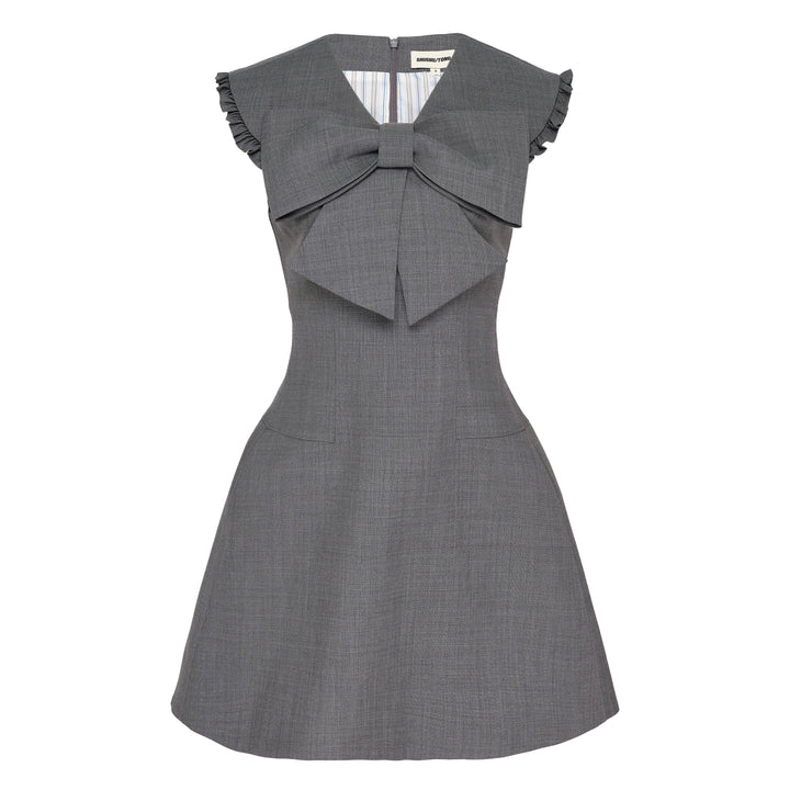 SHUSHU/TONG Big Bow Short Dress in grey with oversized front bow, ruffle cap sleeves, fitted bodice and flared mini skirt — front view