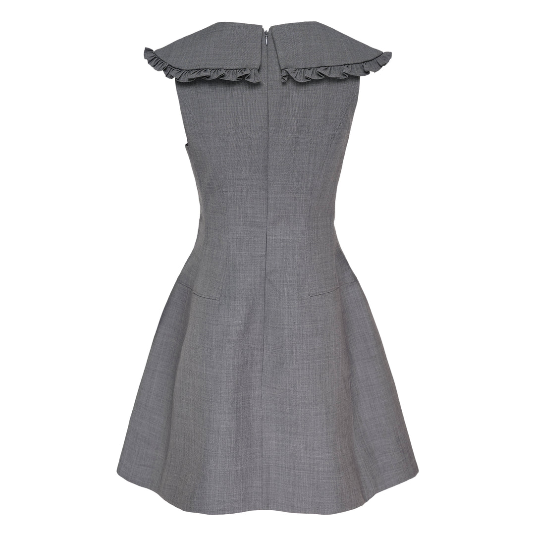 SHUSHU/TONG Big Bow Short Dress in grey with oversized front bow, ruffle cap sleeves, fitted bodice and flared mini skirt — front view