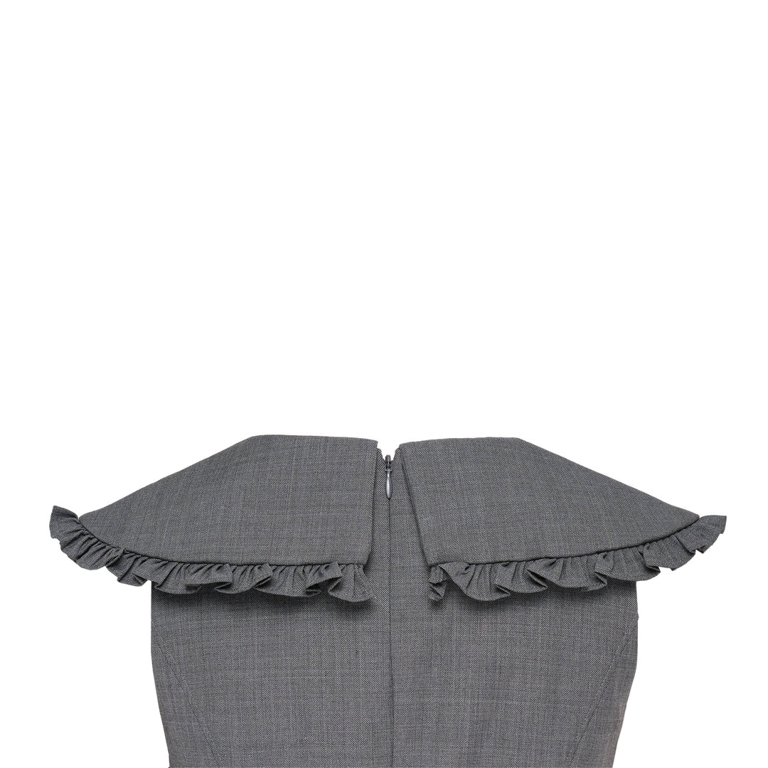 SHUSHU/TONG Big Bow Short Dress in grey with oversized front bow, ruffle cap sleeves, fitted bodice and flared mini skirt — front view