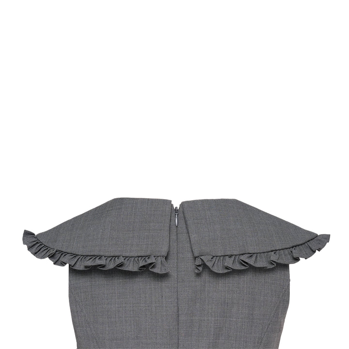 SHUSHU/TONG Big Bow Short Dress in grey with oversized front bow, ruffle cap sleeves, fitted bodice and flared mini skirt — front view