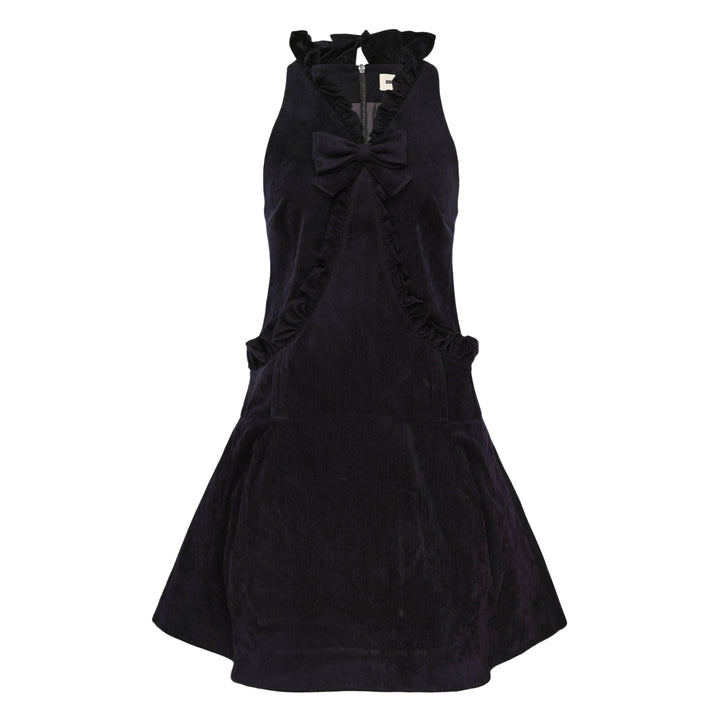 SHUSHU/TONG dark navy velvet halter mini dress with bow detail at chest, ruffled neckline and pocket trim, and drop-waist flared skirt — front view on white background