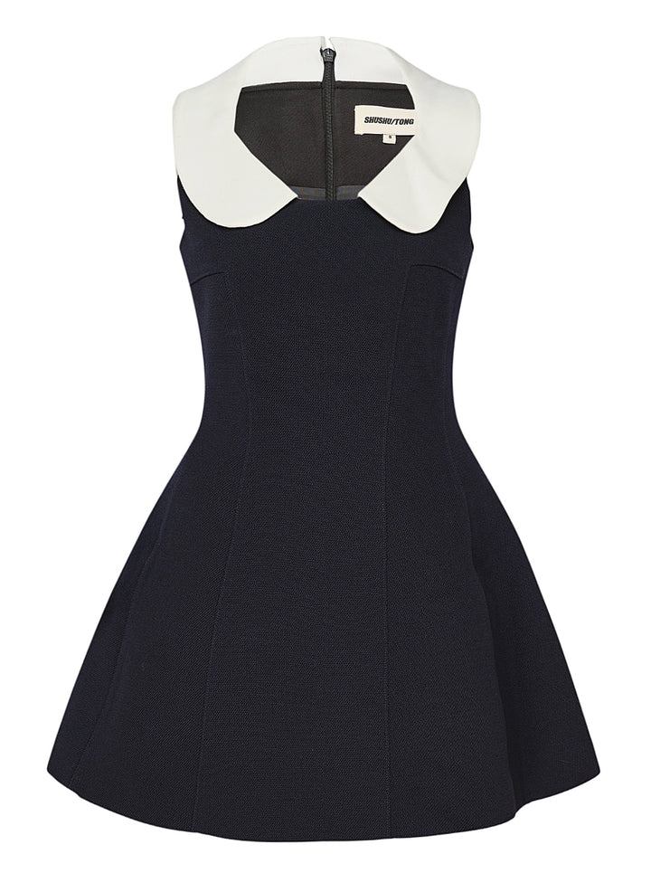 SHUSHU/TONG navy structured mini dress with oversized white Peter Pan collar, fitted bodice, flared A-line skirt, and back zip closure