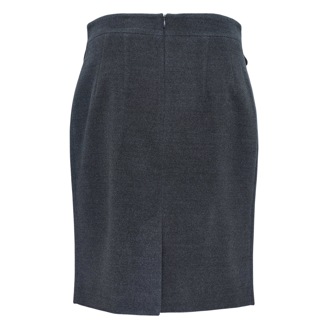 SHUSHU/TONG Decorative Flap Pocket Skirt in charcoal grey, featuring a tulip silhouette, front pleat panels, and decorative flap accents at the waistband