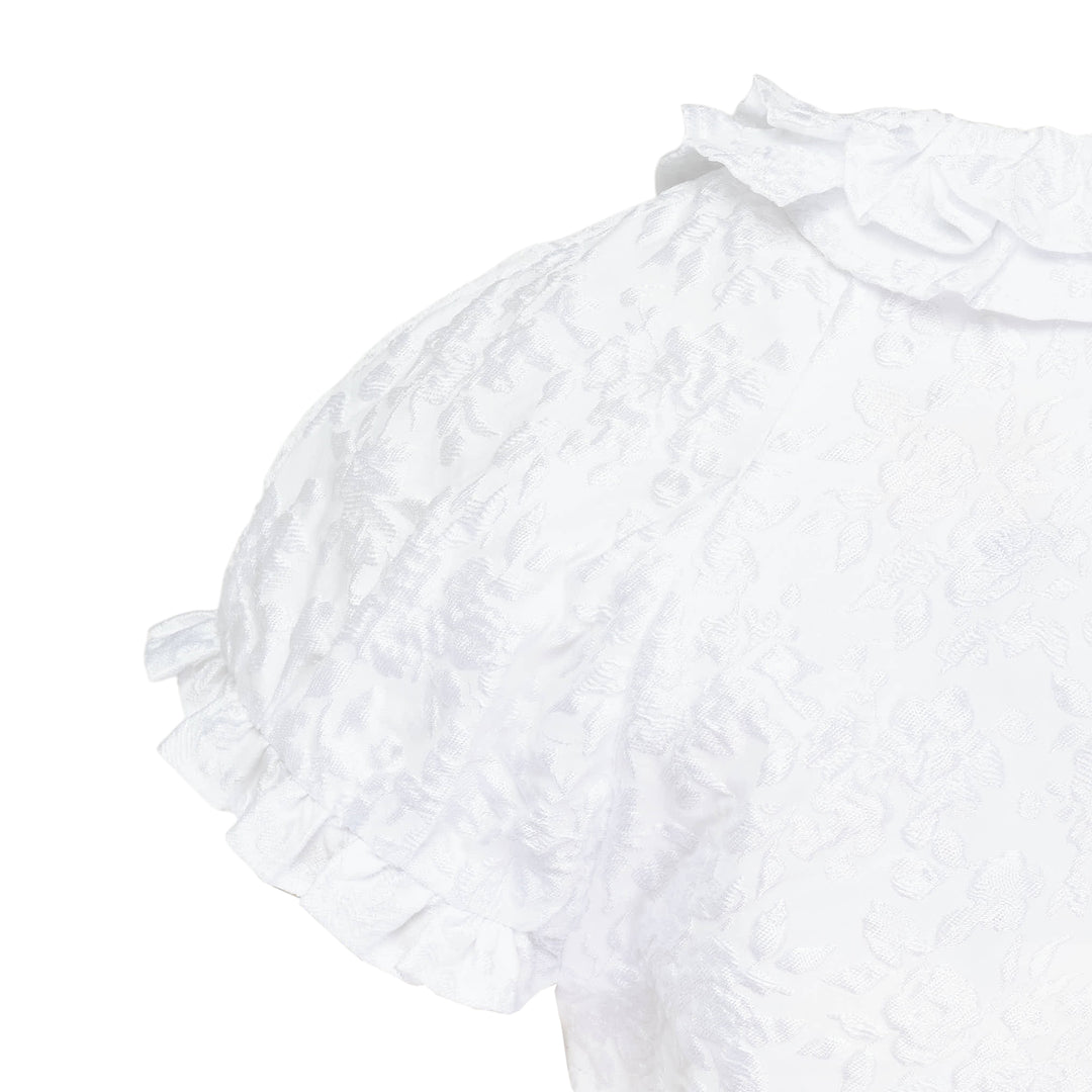 SHUSHU/TONG white jacquard ruffled bow crop top with puff sleeves, ruffle collar and hem trim, and structured satin bow at the centre front neckline, shown from the back