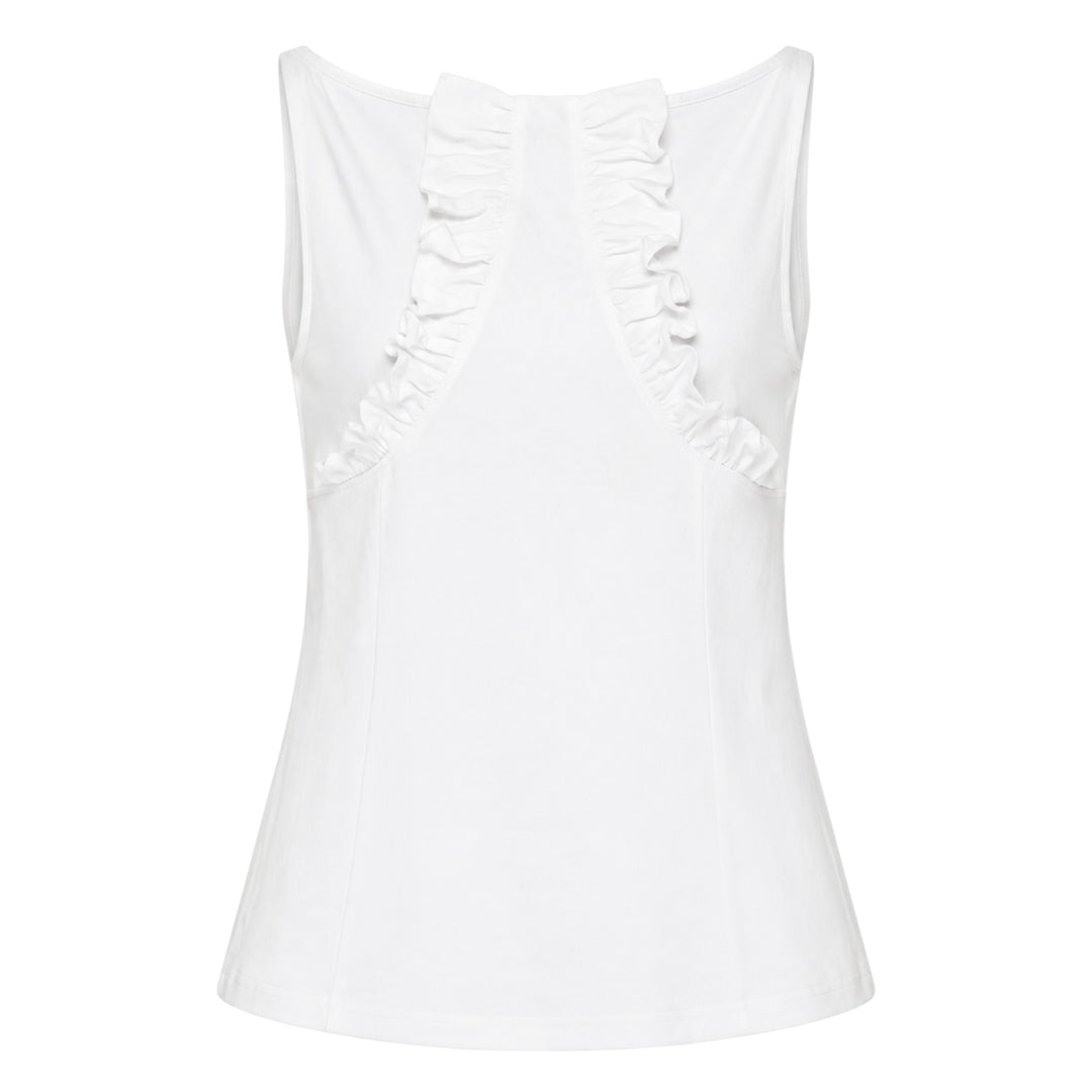 SHUSHU/TONG white sleeveless fitted top with twin vertical ruffle trim detailing running from the neckline toward the waist, shown from the front against a white background