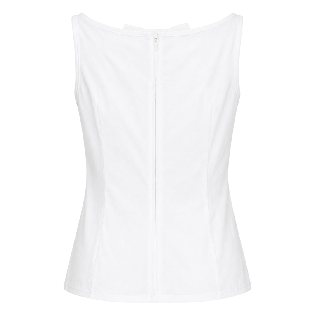 SHUSHU/TONG white sleeveless fitted top with twin vertical ruffle trim detailing running from the neckline toward the waist, shown from the front against a white background