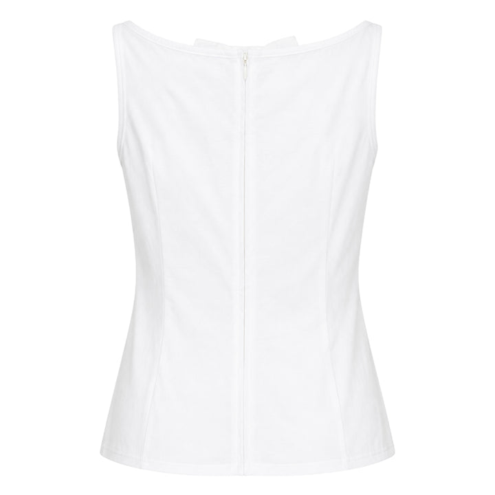 SHUSHU/TONG white sleeveless fitted top with twin vertical ruffle trim detailing running from the neckline toward the waist, shown from the front against a white background