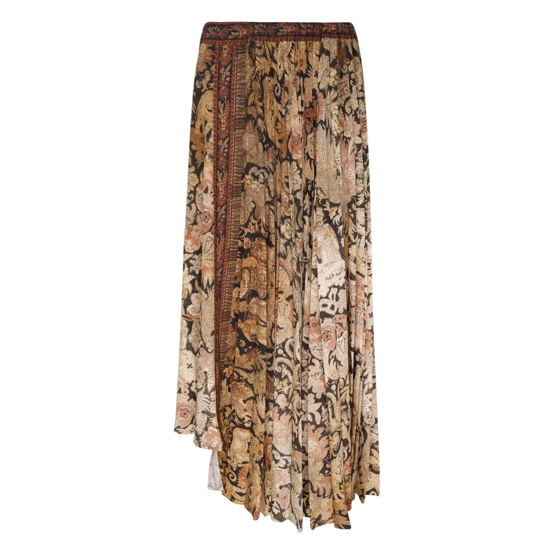 Pierre-Louis Mascia floral tapestry print pleated midi skirt with asymmetric hem in earthy ochre, charcoal, and dusty rose tones