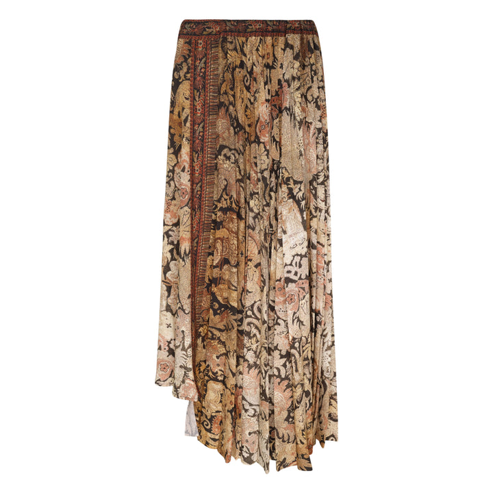 Pierre-Louis Mascia floral tapestry print pleated midi skirt with asymmetric hem in earthy ochre, charcoal, and dusty rose tones
