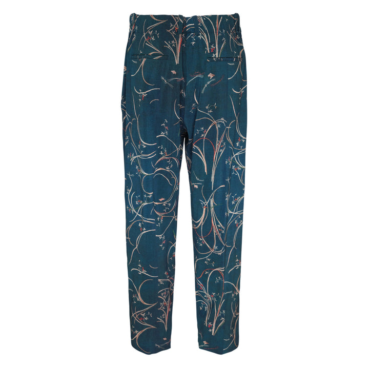 Pierre-Louis Mascia Dylan trousers in deep teal with an all-over swirling botanical print in blush and coral tones, featuring a drawstring waistband and front pleats - view 2