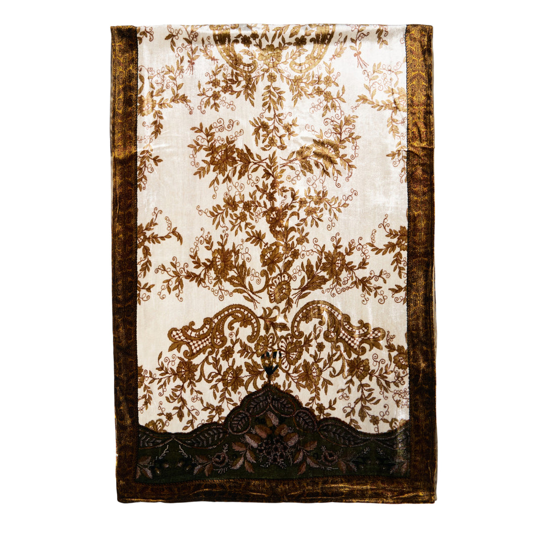Pierre-Louis Mascia Kanpur Adana scarf laid flat, displaying an intricate golden floral and vine print on an ivory ground with a dark embroidered velvet border trim on all four edges.