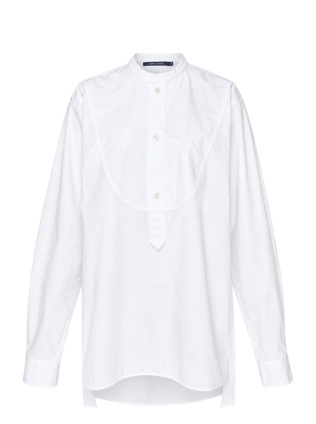 White long sleeve band collar shirt with curved bib front, buttoned half-placket and relaxed silhouette by Sofie D'Hoore