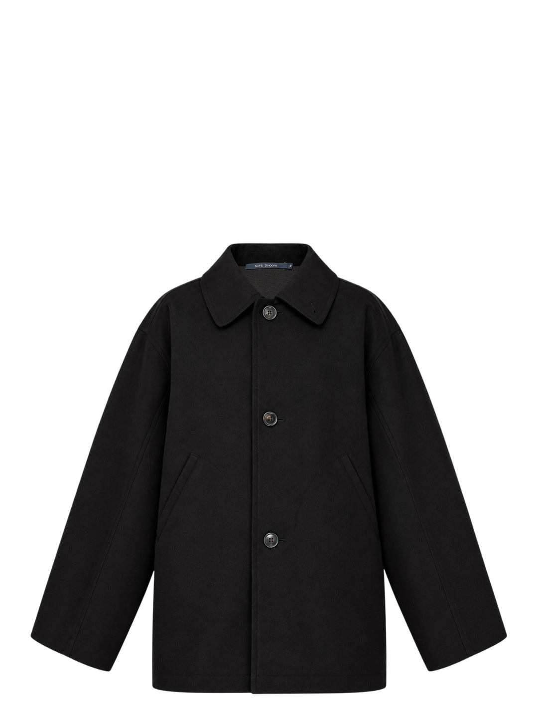 Sofie D'Hoore black three-button jacket with classic collar, slanted front pockets and wide sleeves, shown from the front