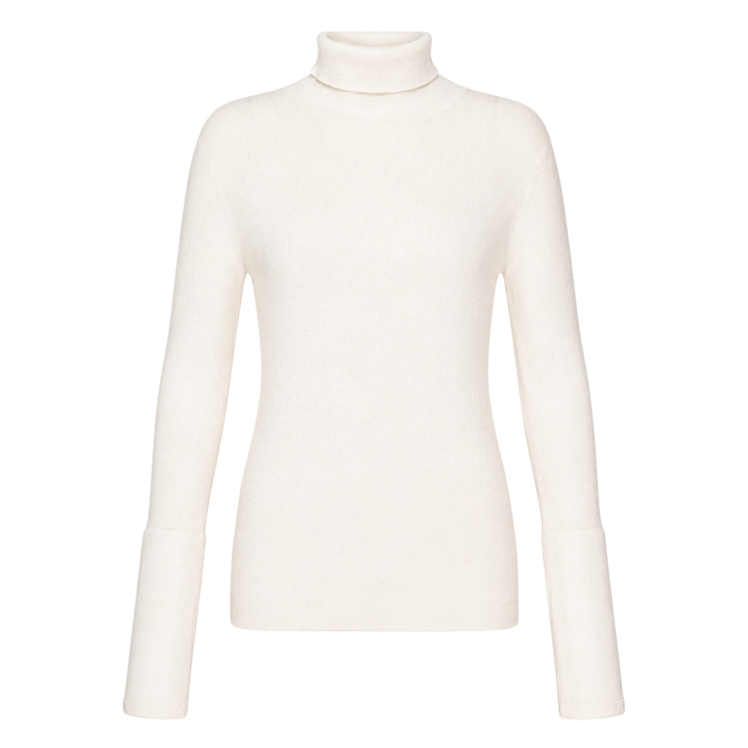 Sofie D'Hoore long sleeve turtleneck sweater in ivory fine-gauge knit with wide ribbed cuffs and foldover collar, displayed flat on a white background
