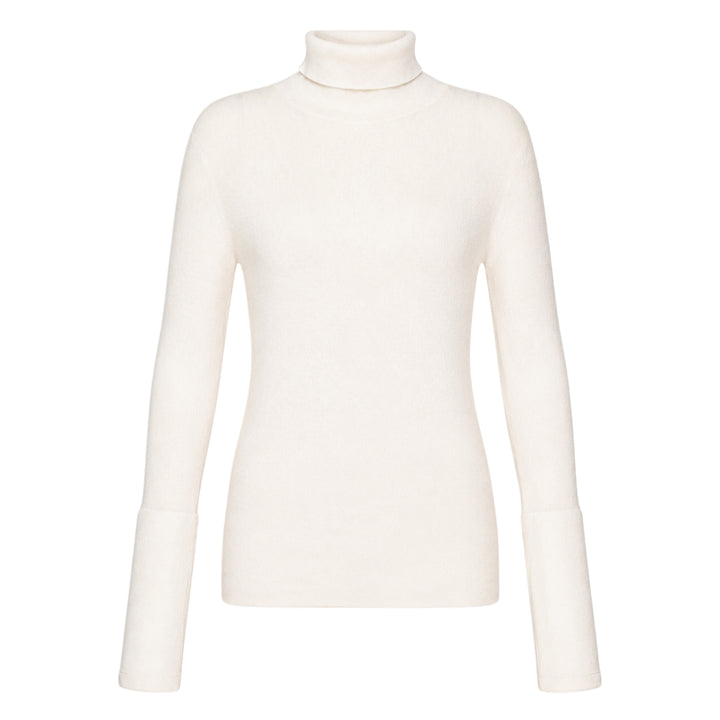 Sofie D'Hoore long sleeve turtleneck sweater in ivory fine-gauge knit with wide ribbed cuffs and foldover collar, displayed flat on a white background