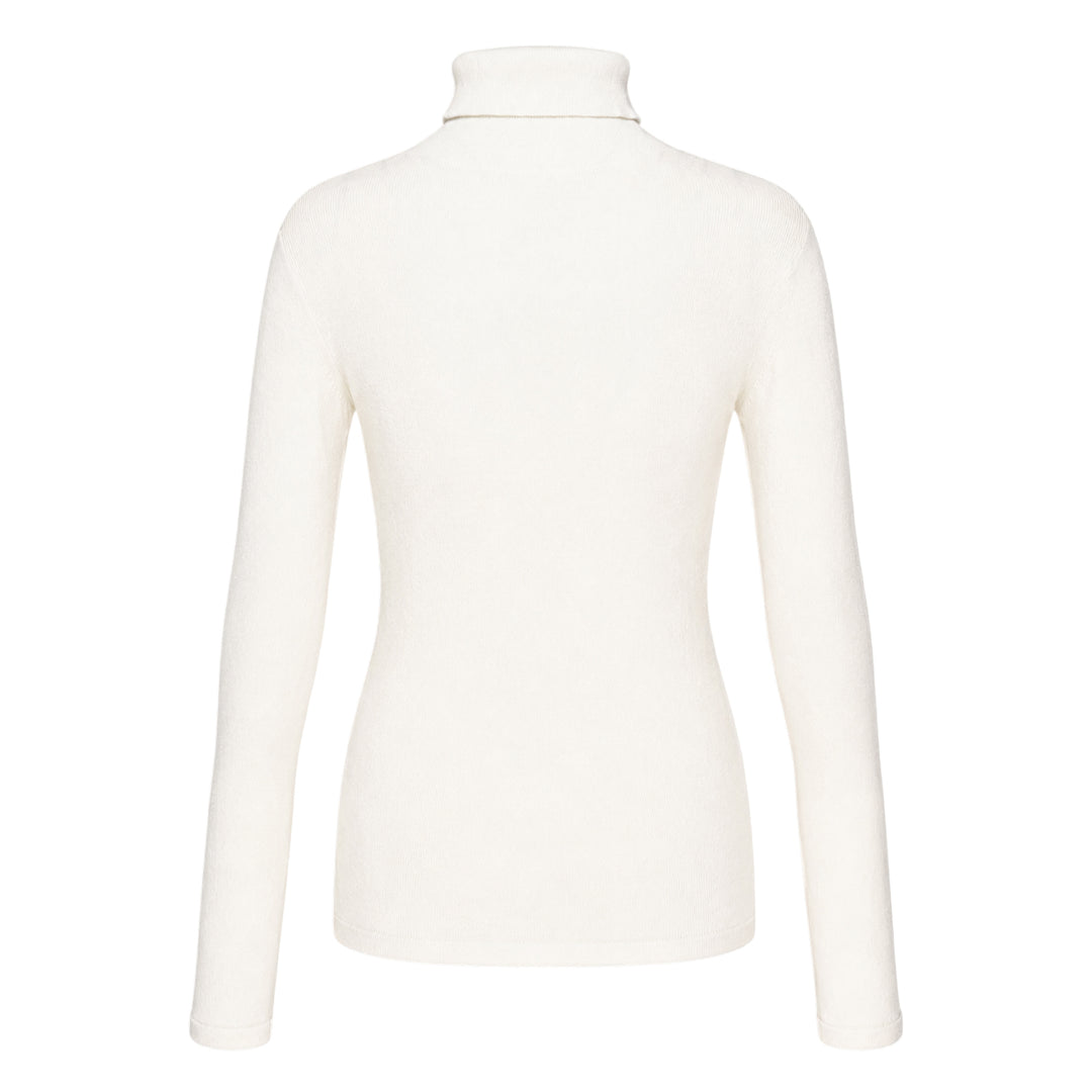 Sofie D'Hoore long sleeve turtleneck sweater in ivory fine-gauge knit with wide ribbed cuffs and foldover collar, displayed flat on a white background