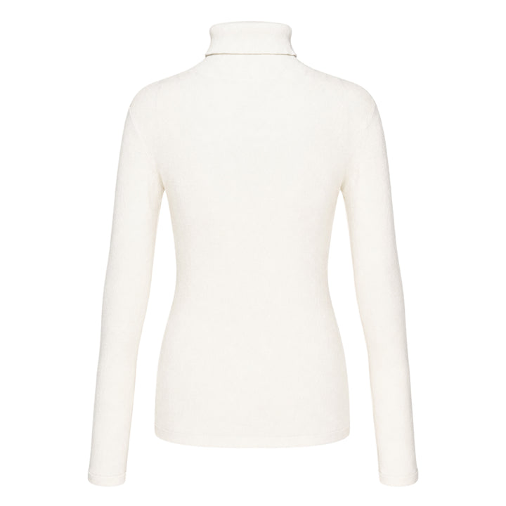 Sofie D'Hoore long sleeve turtleneck sweater in ivory fine-gauge knit with wide ribbed cuffs and foldover collar, displayed flat on a white background