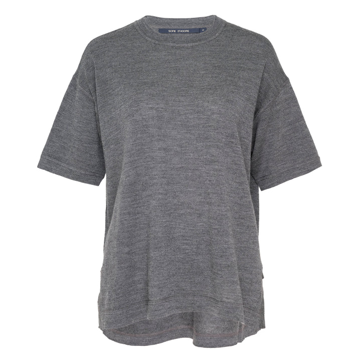 Sofie D'Hoore short sleeve jersey knit top in heather grey, featuring a relaxed oversized silhouette, ribbed crewneck, and curved hem with side vents