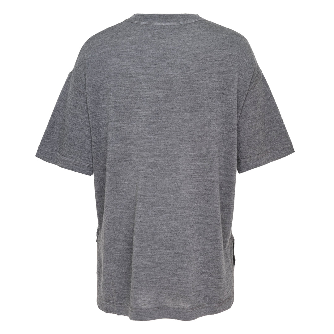 Sofie D'Hoore short sleeve jersey knit top in heather grey, featuring a relaxed oversized silhouette, ribbed crewneck, and curved hem with side vents