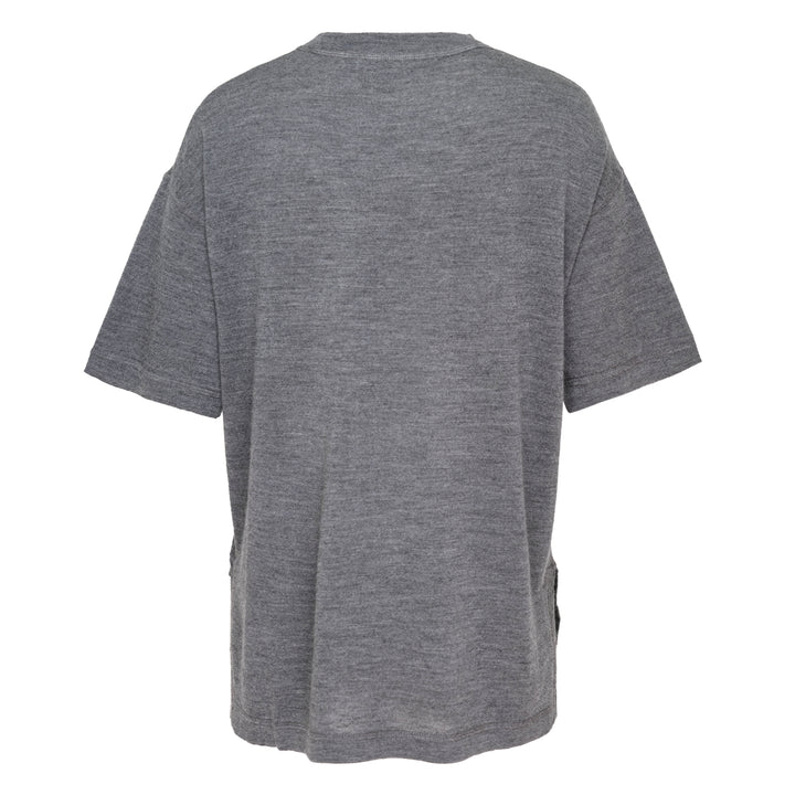 Sofie D'Hoore short sleeve jersey knit top in heather grey, featuring a relaxed oversized silhouette, ribbed crewneck, and curved hem with side vents