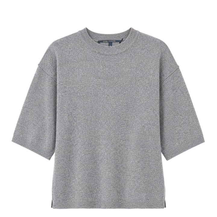 Sofie D'Hoore short sleeve knit top in heather grey with a relaxed boxy silhouette, dropped shoulders, ribbed crewneck, and ribbed cuffs, laid flat on a white background