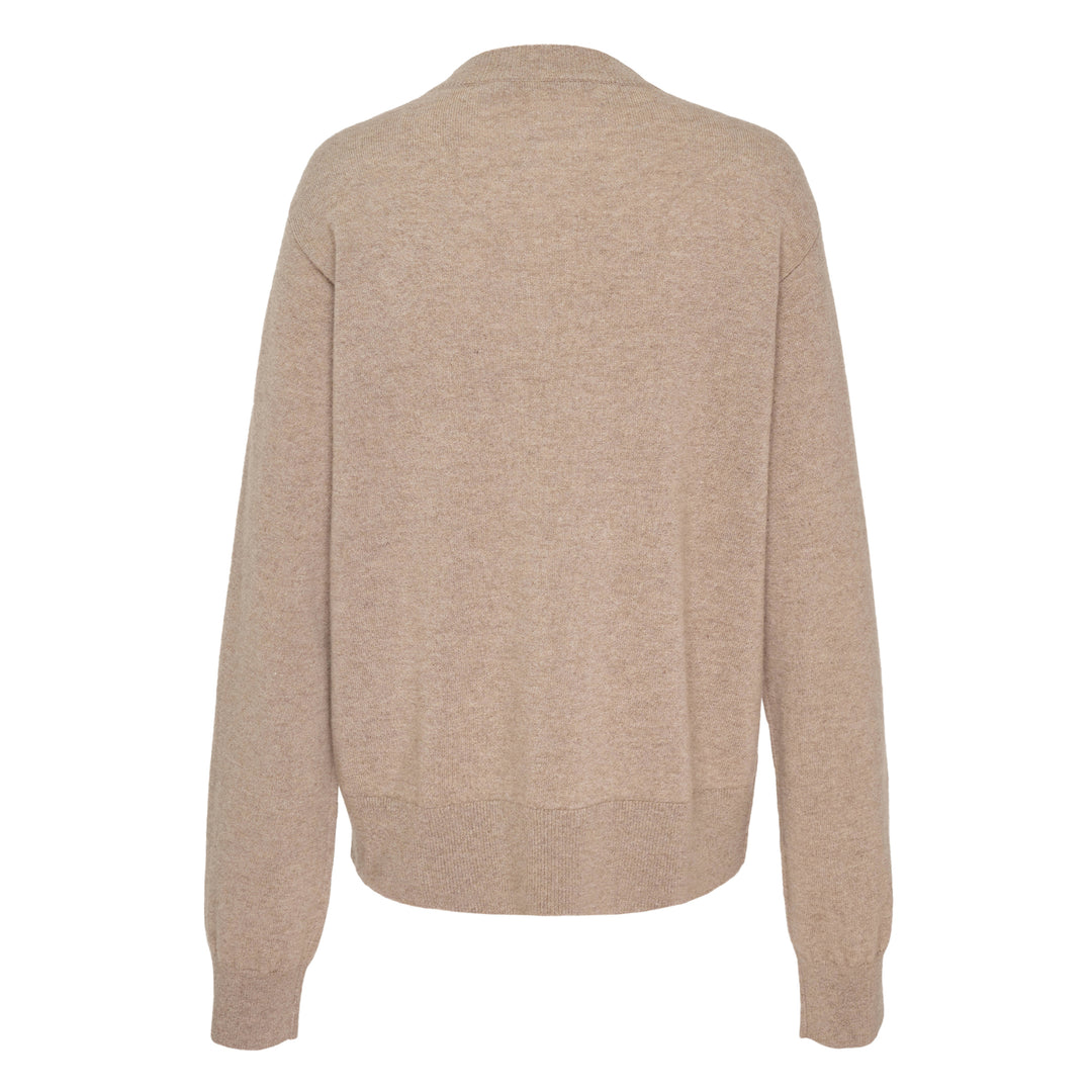 Sofie D'Hoore long sleeve crew neck sweater in camel marl knit with ribbed collar, cuffs, and hem, displayed flat on a white background