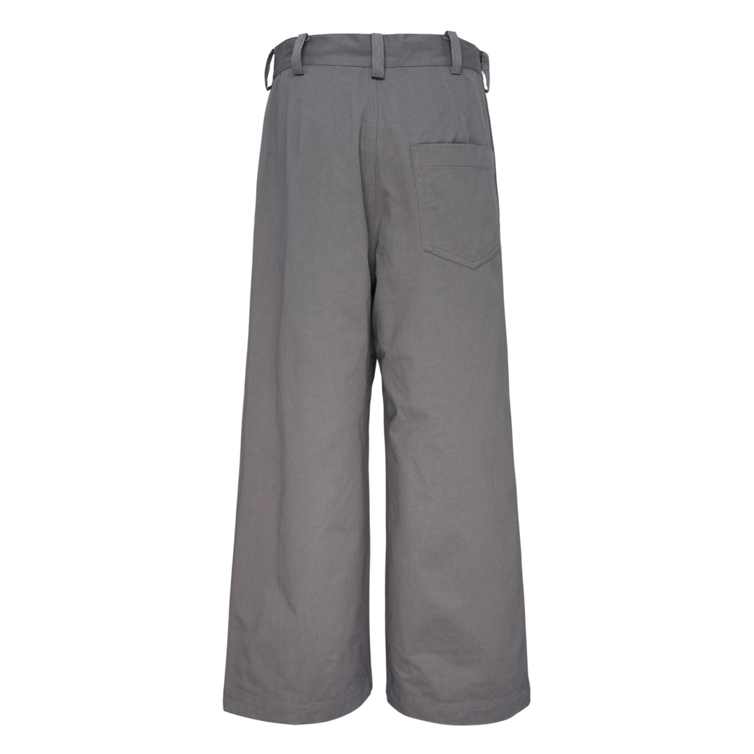 Sofie D'Hoore single pleat wide leg pants in grey, featuring adjustable waist tabs, a single button closure, and a broad silhouette with generous leg opening