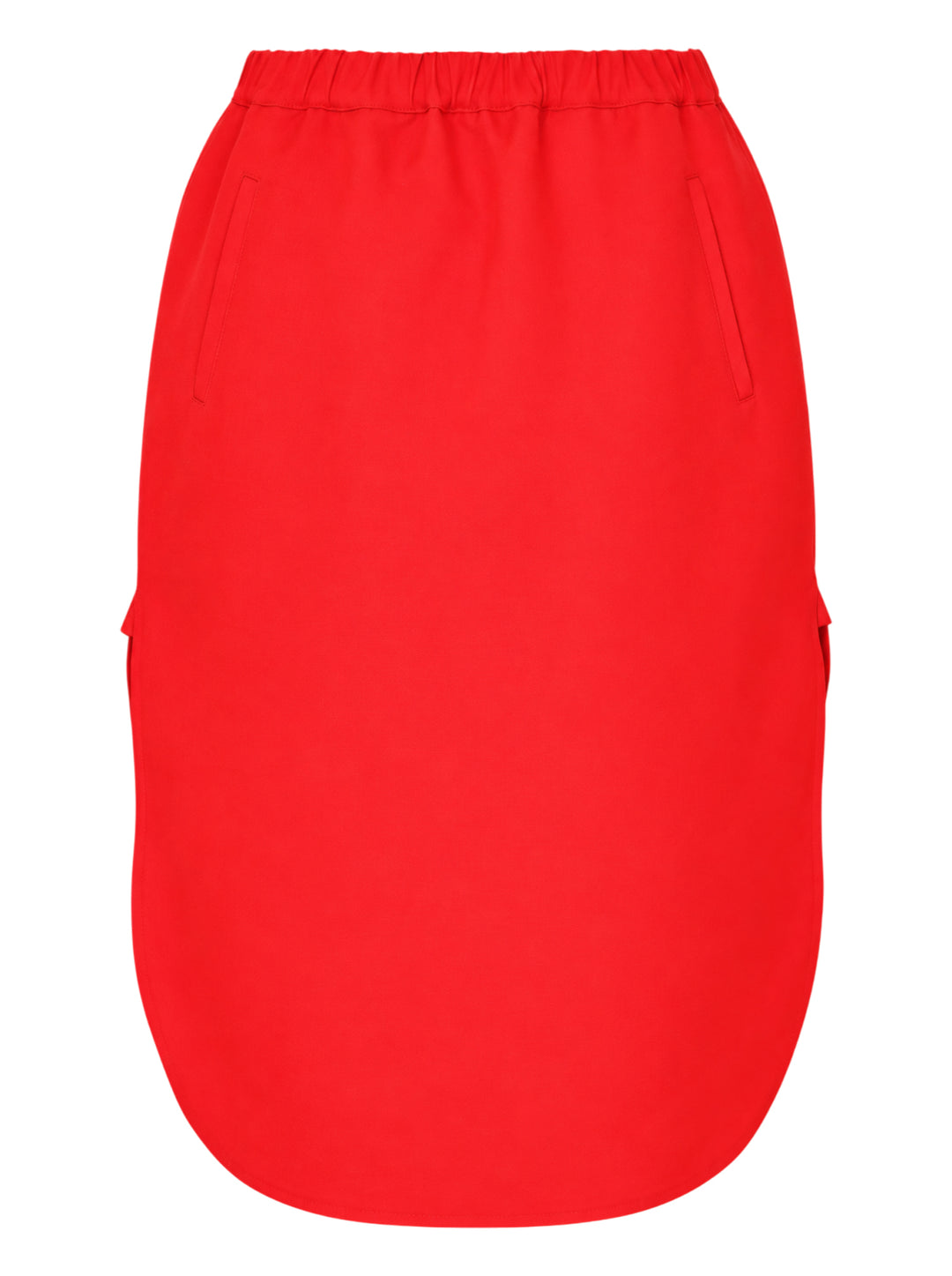 Sofie D'Hoore red midi skirt with elasticated waistband, front welt pockets, side flap detail and curved hem