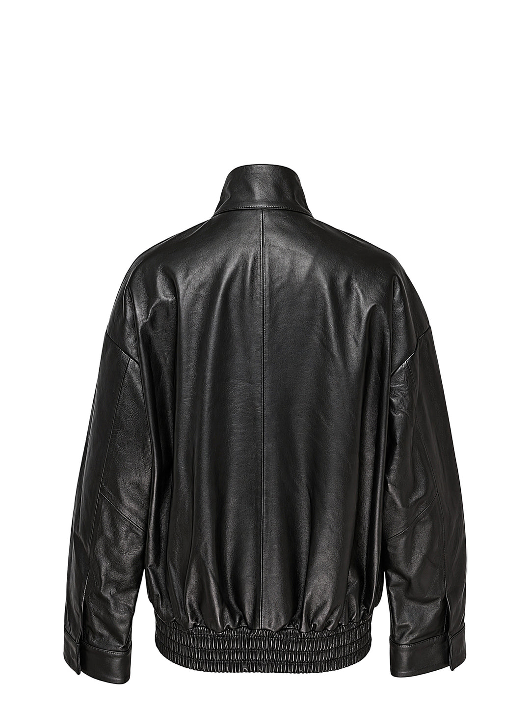 Musée RA oversized black leather bomber jacket with funnel collar, flap pockets and smocked elasticated hem, front view - view 2