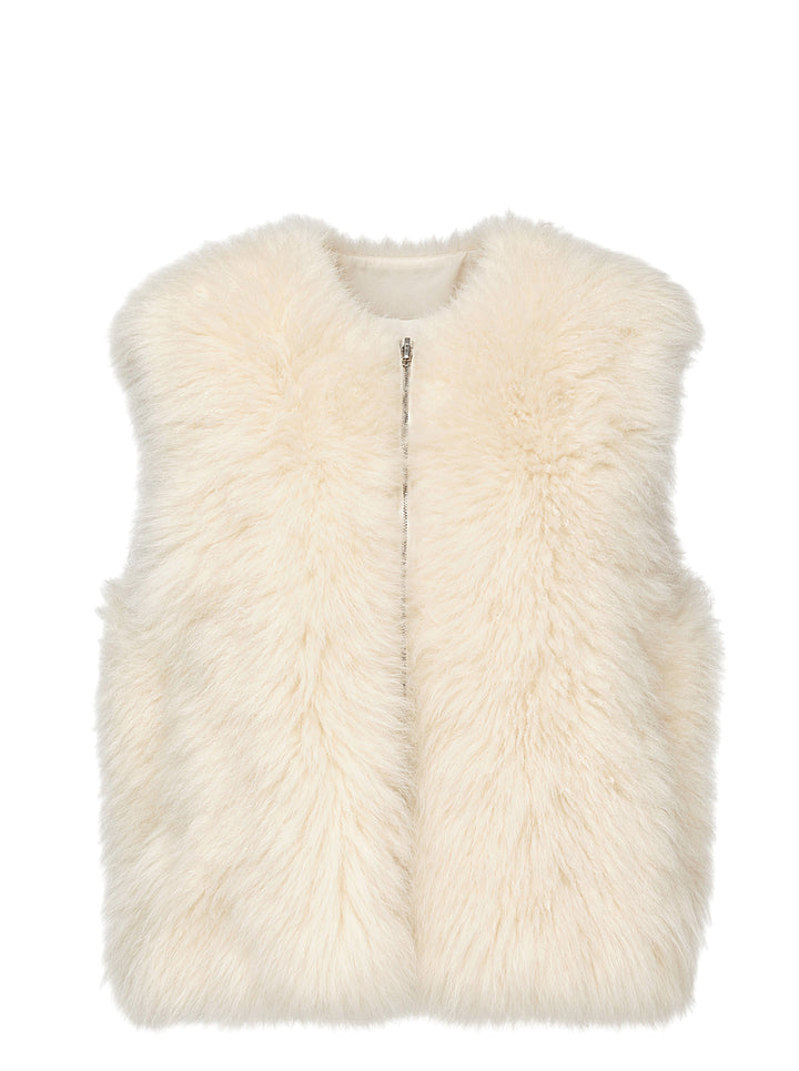 Musée RA cream fur vest with round neckline and centre zip fastening, shown flat against a white background