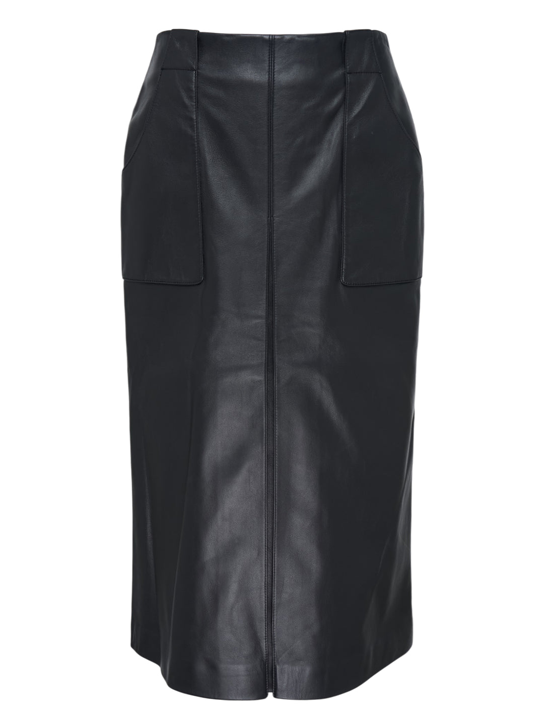 Musée RA black leather pencil skirt with patch pockets and centre front seam, shown from the front