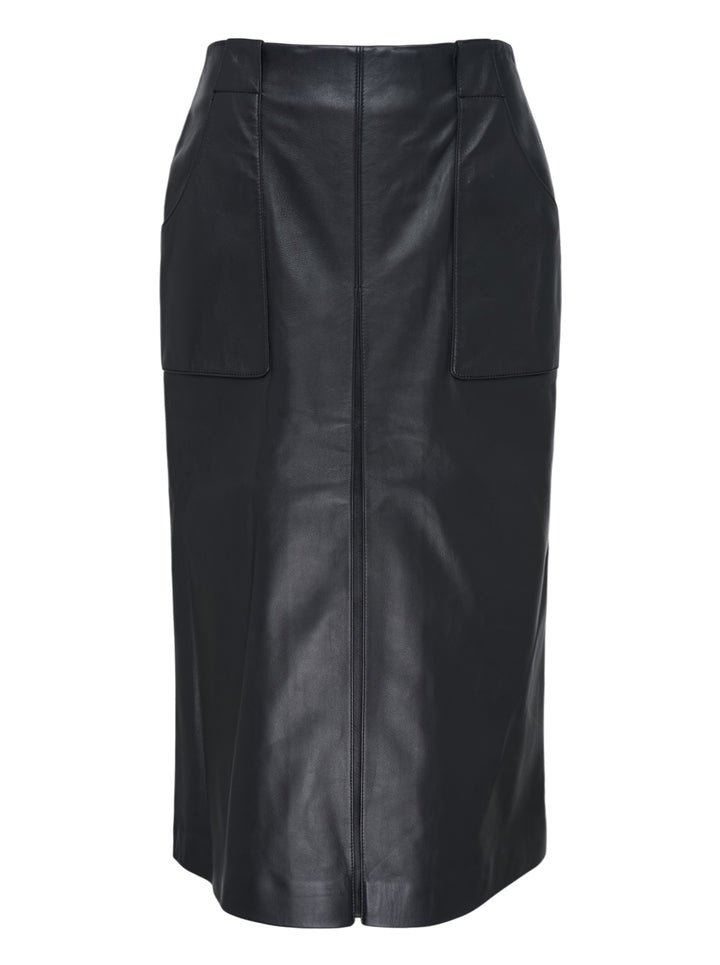 Musée RA black leather pencil skirt with patch pockets and centre front seam, shown from the front