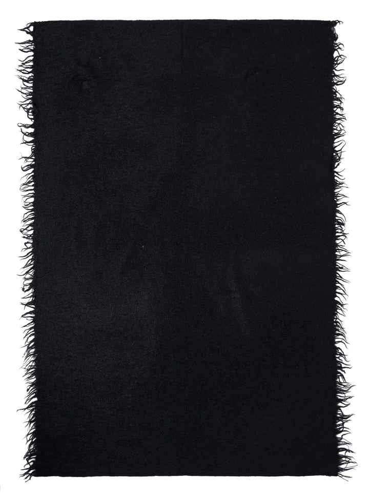 Black soft brushed rectangular scarf with feathered fringe edges, shown flat