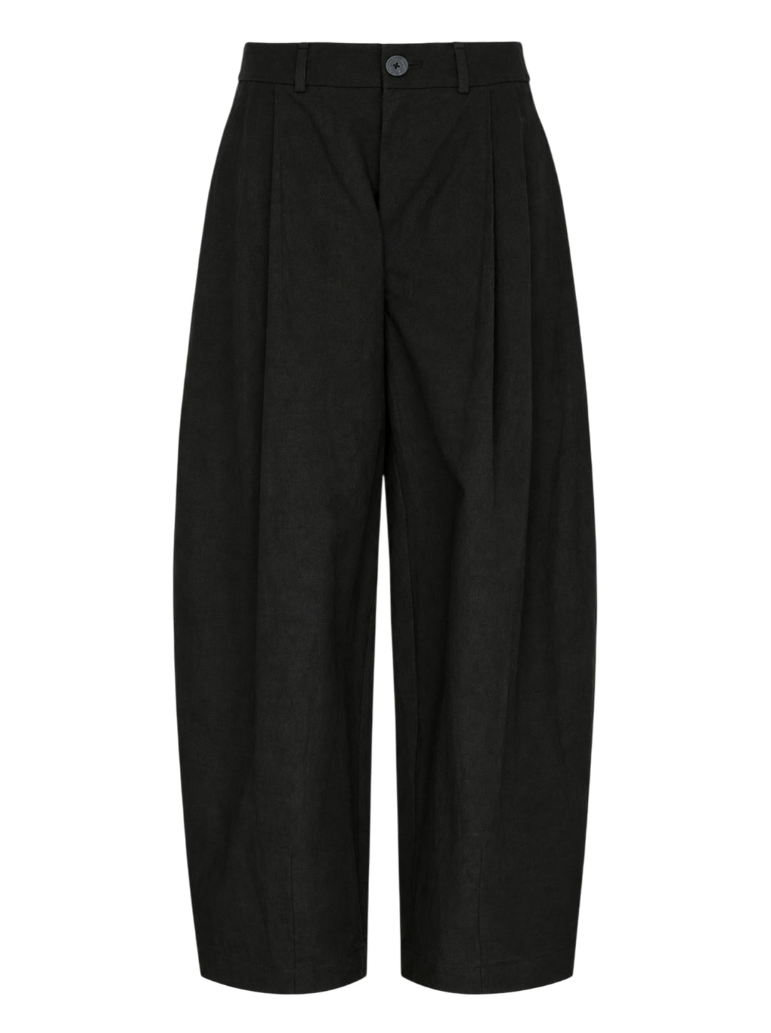 Lauren Manoogian black pleated taper trousers with a high waist and curved leg, shown from the front