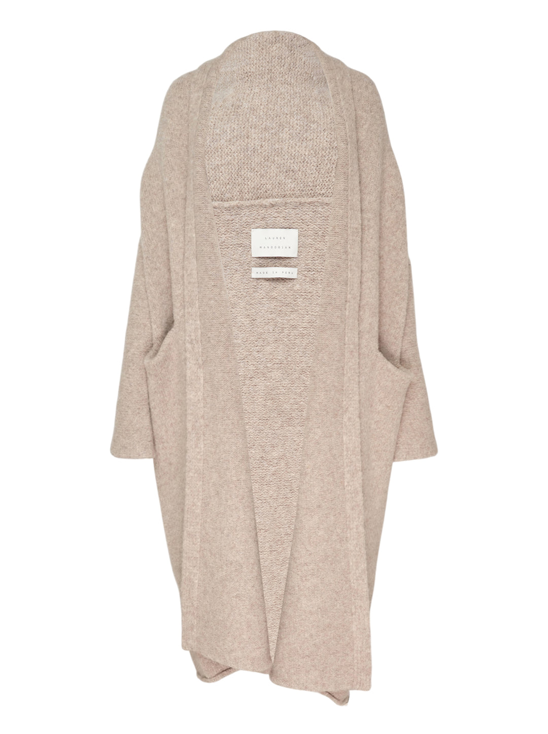Lauren Manoogian Long Shawl Cardigan in heathered oatmeal, laid flat showing open-front silhouette, wide shawl collar, hip pockets, and woven brand label