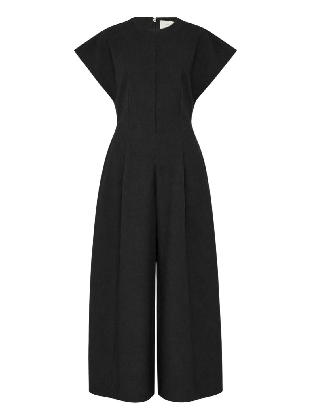 Black cap-sleeve wide-leg jumpsuit with pleated front and cinched waist by Lauren Manoogian