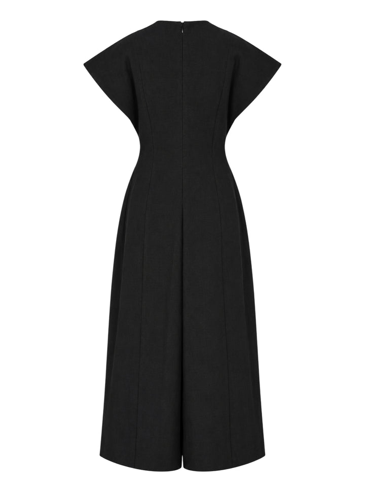 Black cap-sleeve wide-leg jumpsuit with pleated front and cinched waist by Lauren Manoogian - view 2