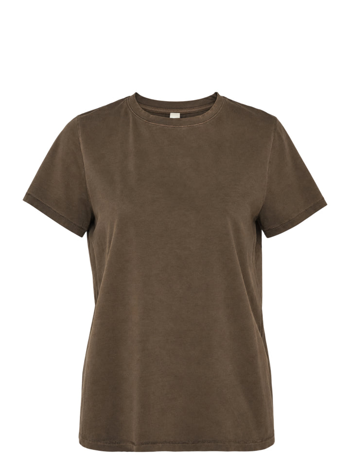 Lauren Manoogian Bias Baby Tee, a short sleeve crewneck t-shirt in a washed brown jersey, shown flat from the front