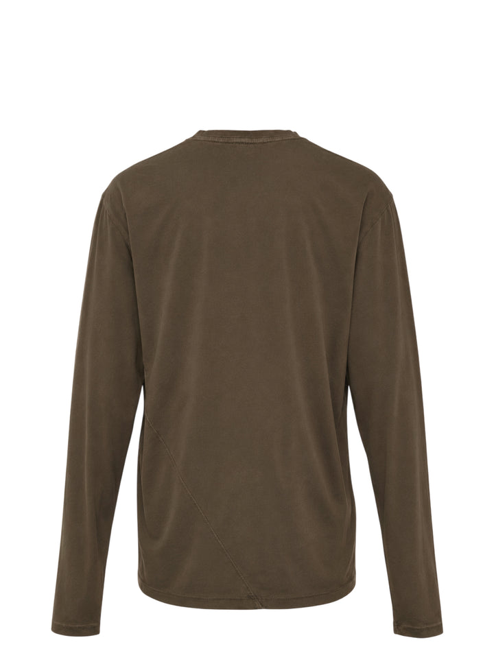 Lauren Manoogian Bias Long Sleeve Tee in washed olive-brown jersey with crewneck and dropped shoulders, front view - view 2