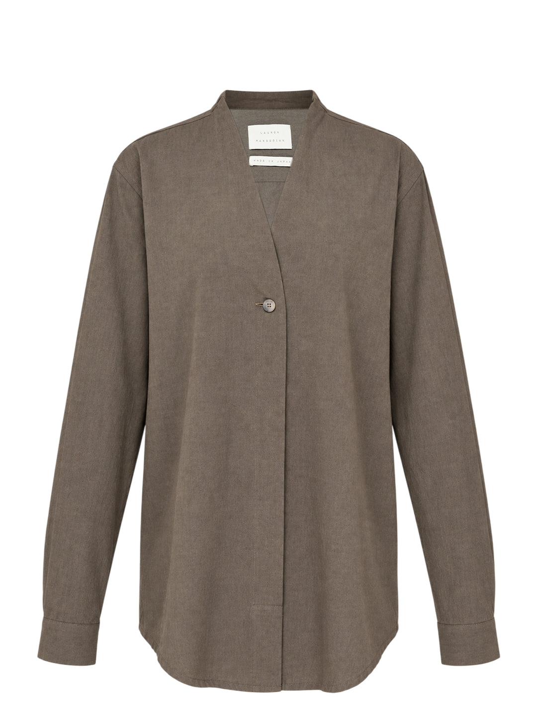 Lauren Manoogian Lap Shirt in earthy brown with a V-neck, single button closure and long sleeves, shown flat from the front