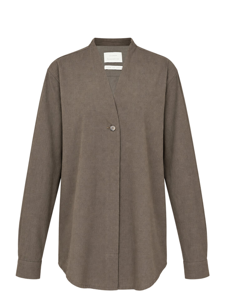 Lauren Manoogian Lap Shirt in earthy brown with a V-neck, single button closure and long sleeves, shown flat from the front