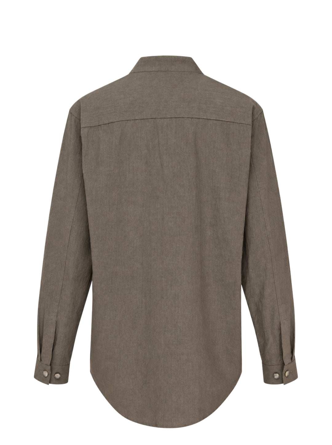 Lauren Manoogian Lap Shirt in earthy brown with a V-neck, single button closure and long sleeves, shown flat from the front - view 2