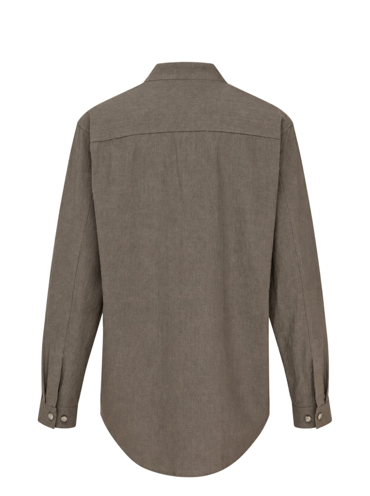 Lauren Manoogian Lap Shirt in earthy brown with a V-neck, single button closure and long sleeves, shown flat from the front - view 2