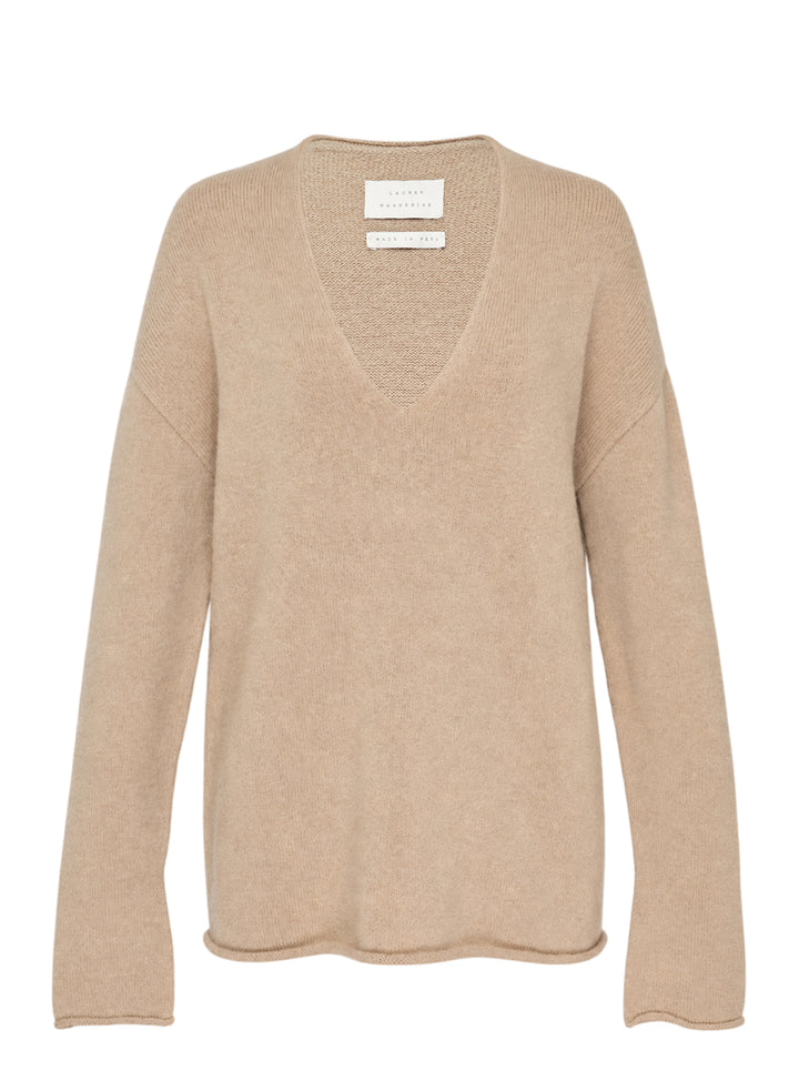 Lauren Manoogian Soft V Neck Sweater in camel, an oversized long-sleeve knit with a deep V neckline and rolled hem, shown flat from the front