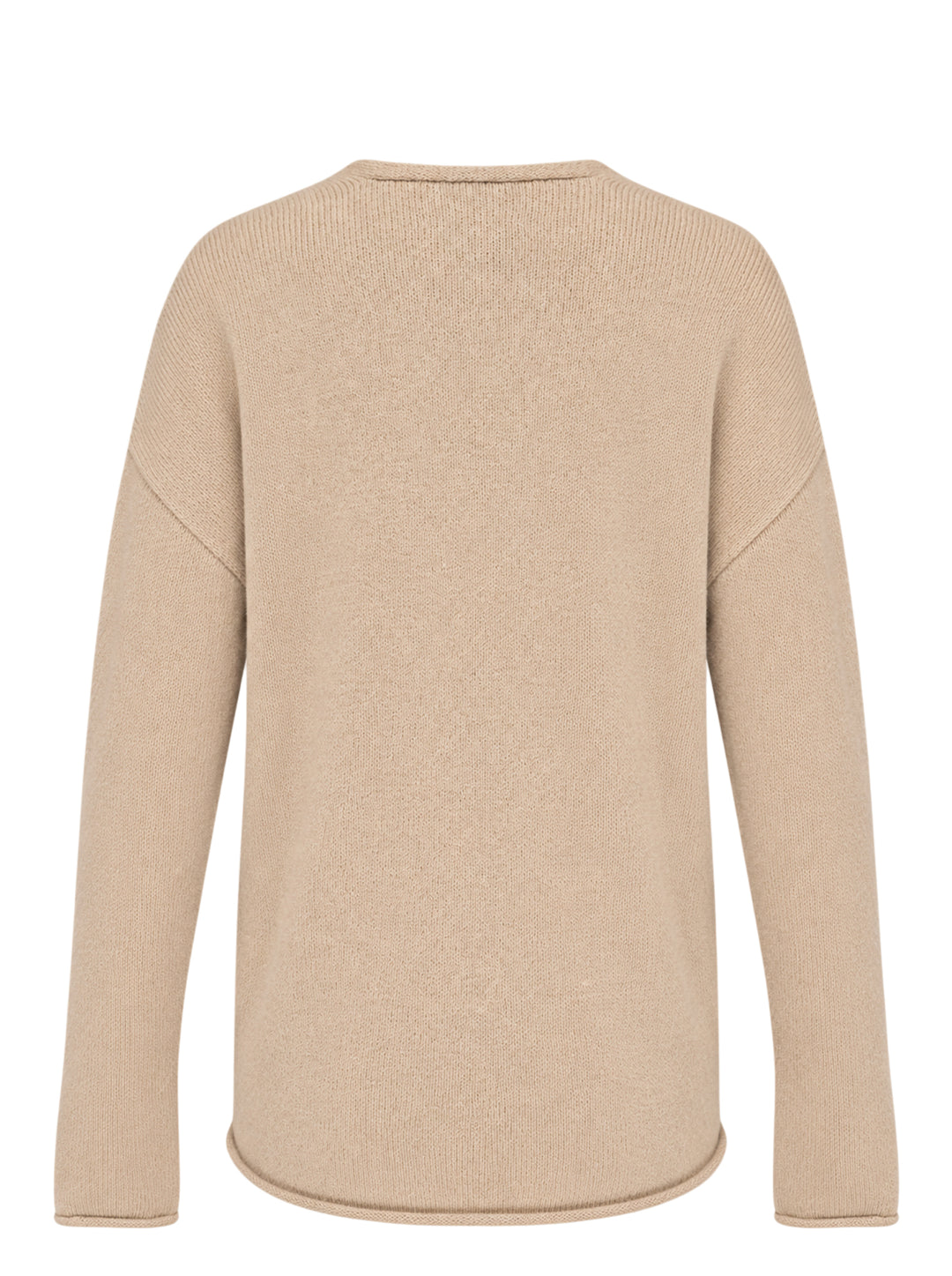 Lauren Manoogian Soft V Neck Sweater in camel, an oversized long-sleeve knit with a deep V neckline and rolled hem, shown flat from the front - view 2