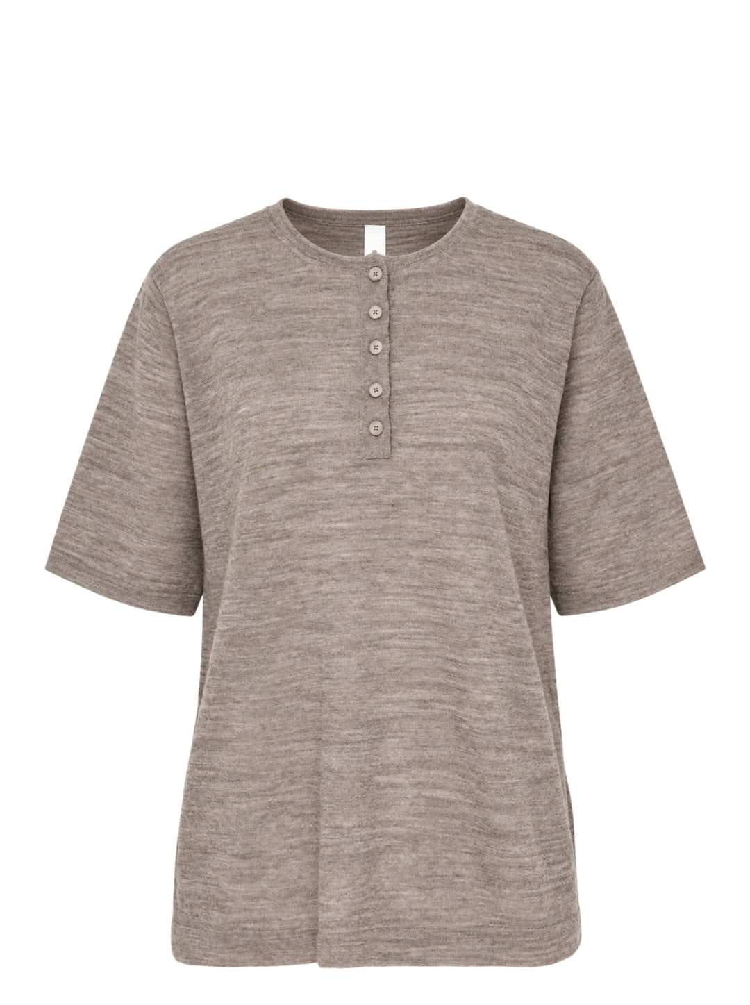 Lauren Manoogian Fine Henley knit top in heathered taupe with short sleeves, a round neck, and a partial button placket, shown flat on a white background