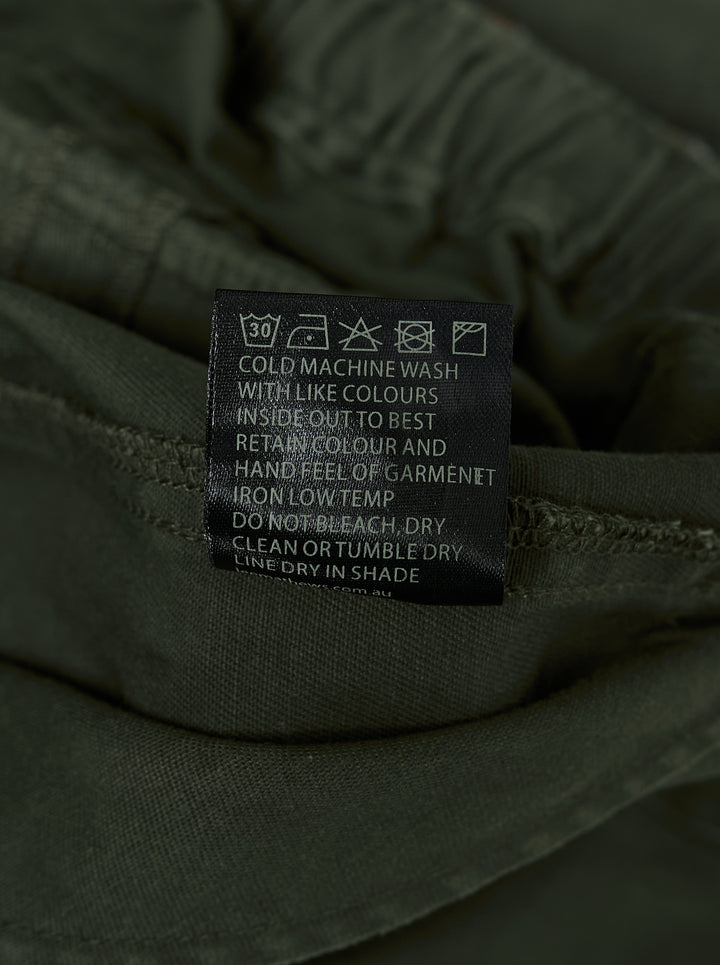 Lee Mathews Harper Drill Pants in khaki cotton drill with a multicolour braided rope drawstring waist, tapered cropped leg, and a thigh cargo pocket - view 3