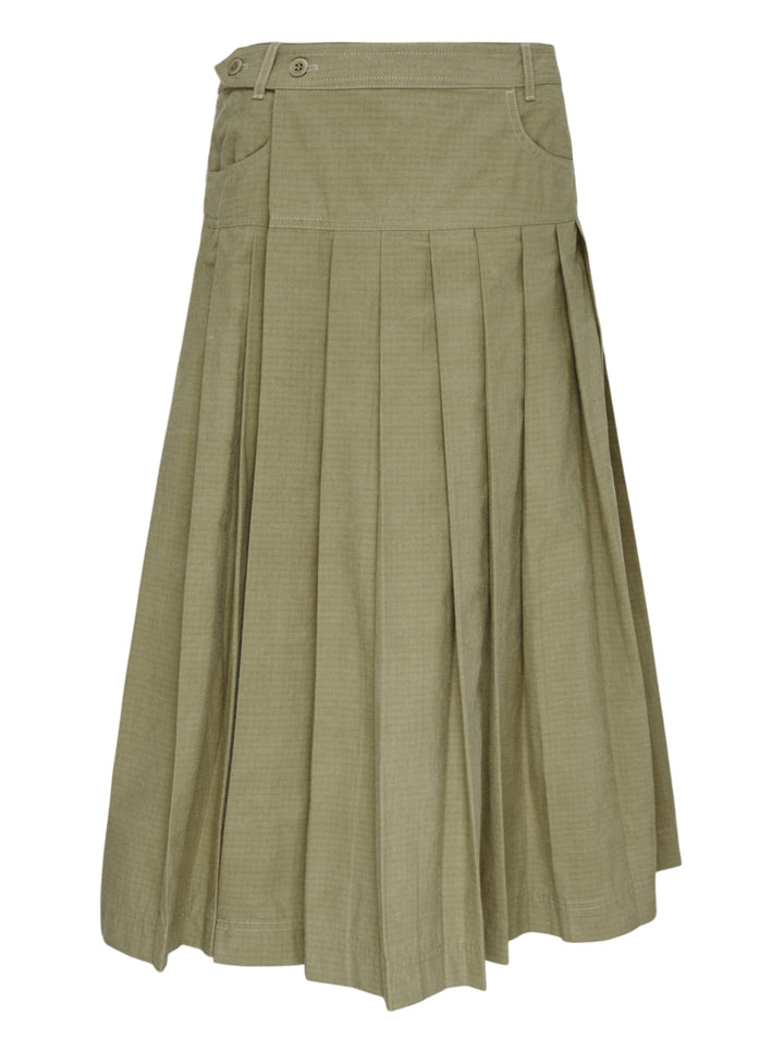 Lee Mathews Cecil Cotton Wrap Skirt in olive khaki, featuring a structured yoke, deep box pleats, button tab waistband, and midi length, photographed on a white background