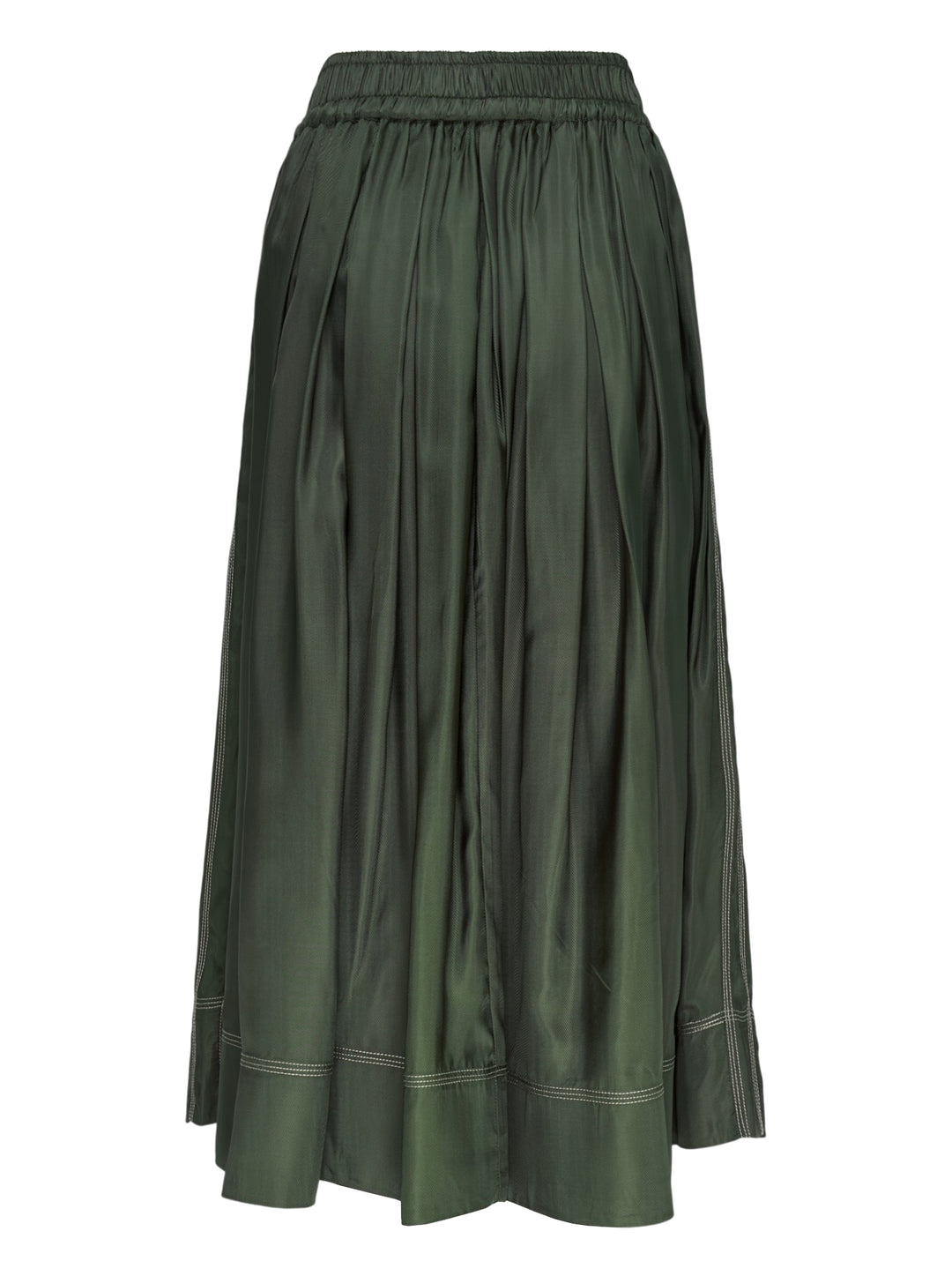 Lee Mathews Sloane Pleat Midi Skirt in deep forest green, featuring a smocked elastic waistband with drawstring tie, voluminous gathered pleats, and contrast hem stitching - view 2